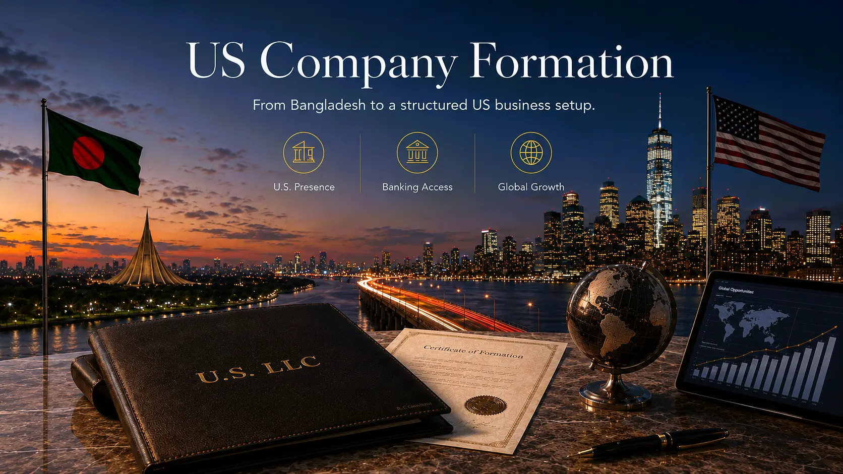 US company formation from Bangladesh visual showing Bangladesh and US flags, city skyline, LLC document, certificate of formation, globe, and business growth dashboard.